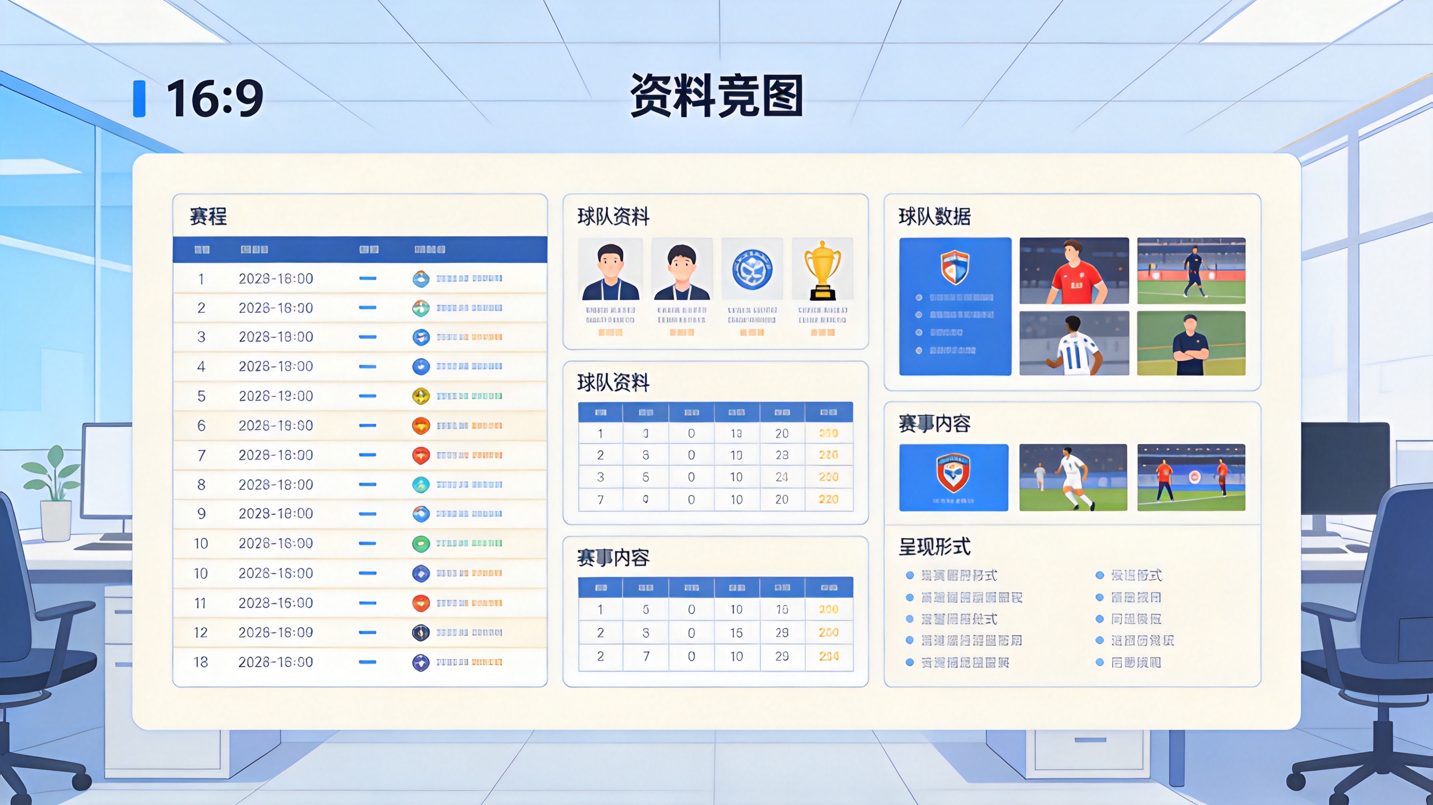 赛程与资料配图：赛程列表、球队资料与比赛数据结构化并列的页面示意